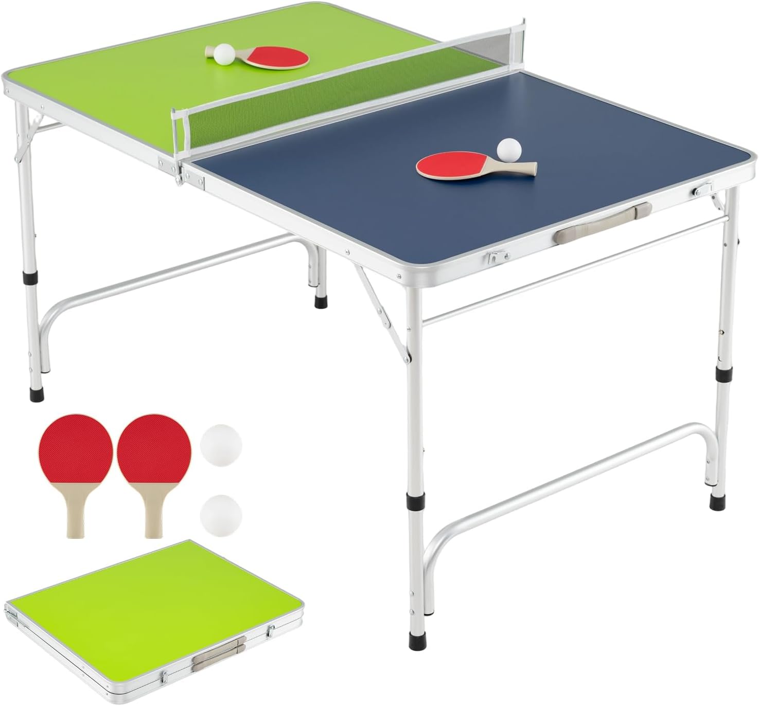 Table Tennis Net Height - 折りたたみ式卓球台 ネットとパドル付き、高さ調節可能なフレーム付きポータブル卓球ゲームセット、家庭、オフィス、庭用の屋内屋外スポーツゲームボード、ブルー