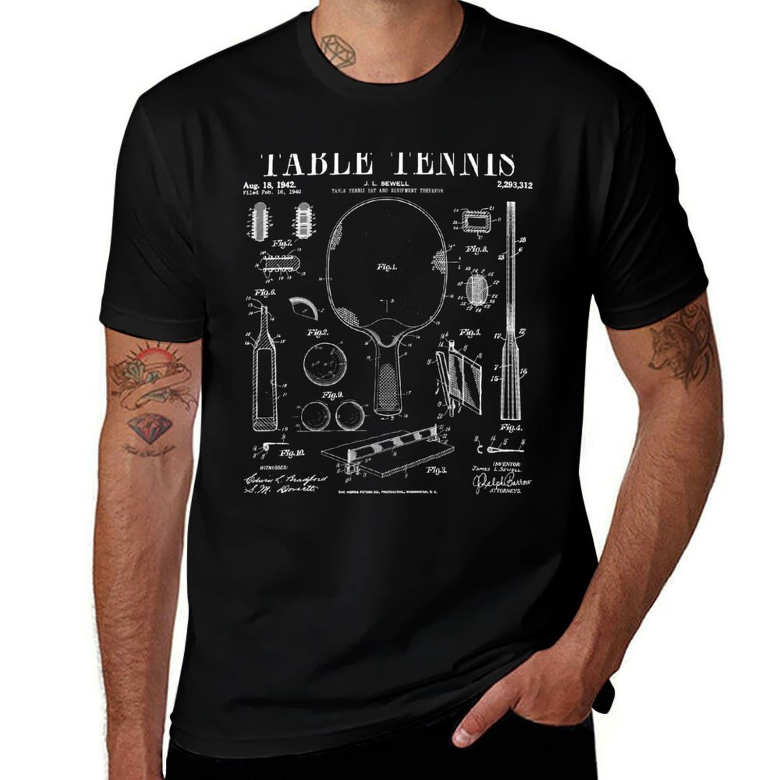 卓球ピンポン古いヴィンテージ特許図面プリントTシャツミニマリ - Table Tennis Drawing のレビューと価格